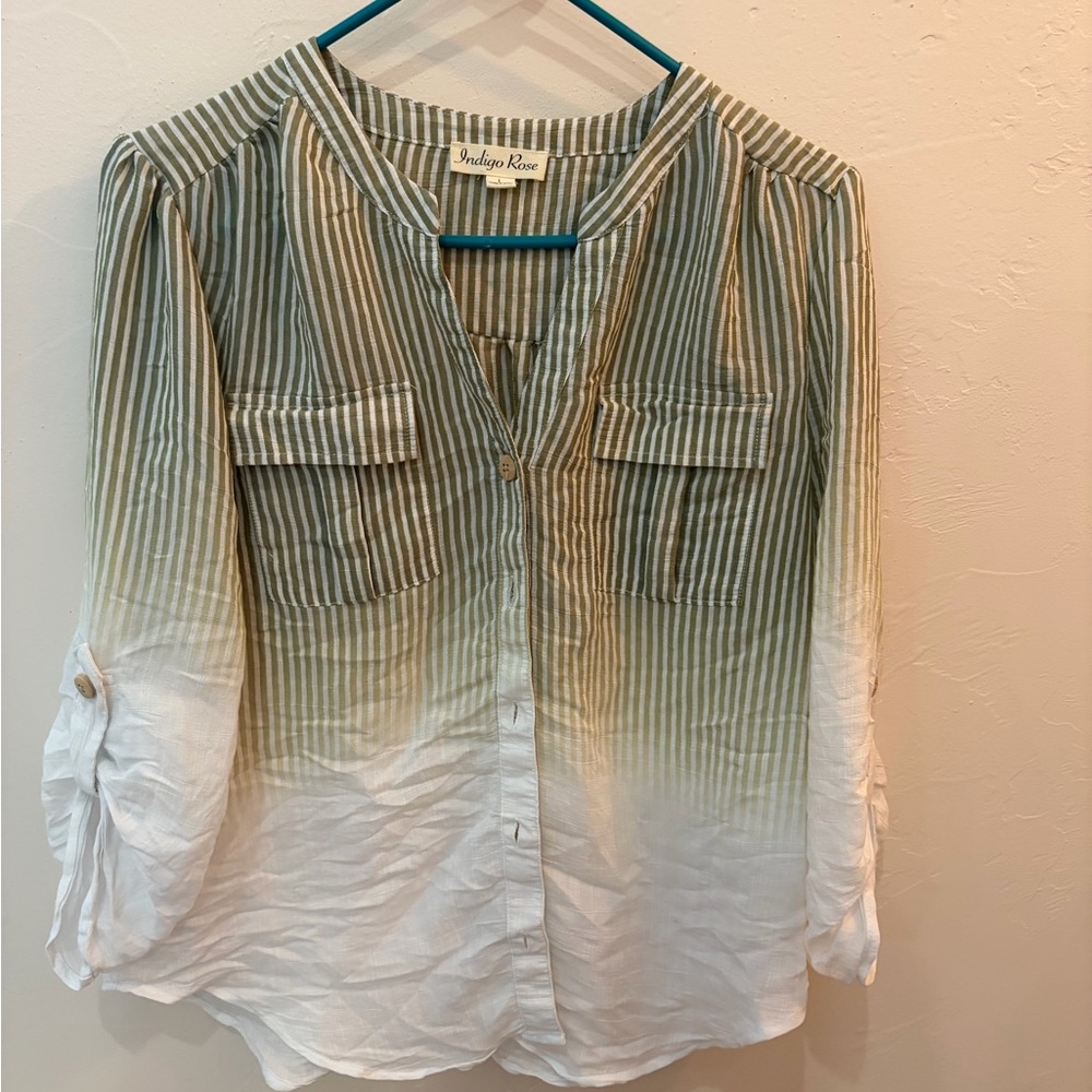 Indigo Rose Olive and White Striped Blouse
